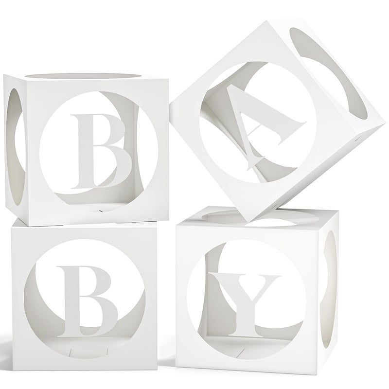 RYDDOY Baby Boxes with Letters for Baby Shower, White Clear Small Balloon Boxes with 4 Letter for Boy or Girl Gender Reveal Decorations, Baby Shower Decorations Blocks and Birthday Party Decor (4 Pcs) - Image 1