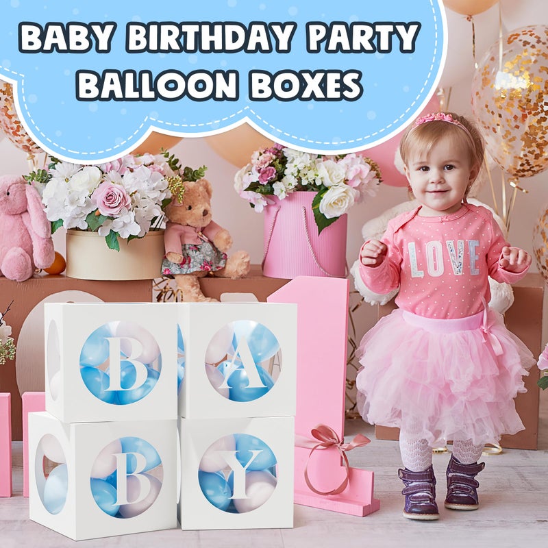 RYDDOY Baby Boxes with Letters for Baby Shower, White Clear Small Balloon Boxes with 4 Letter for Boy or Girl Gender Reveal Decorations, Baby Shower Decorations Blocks and Birthday Party Decor (4 Pcs) - Image 3