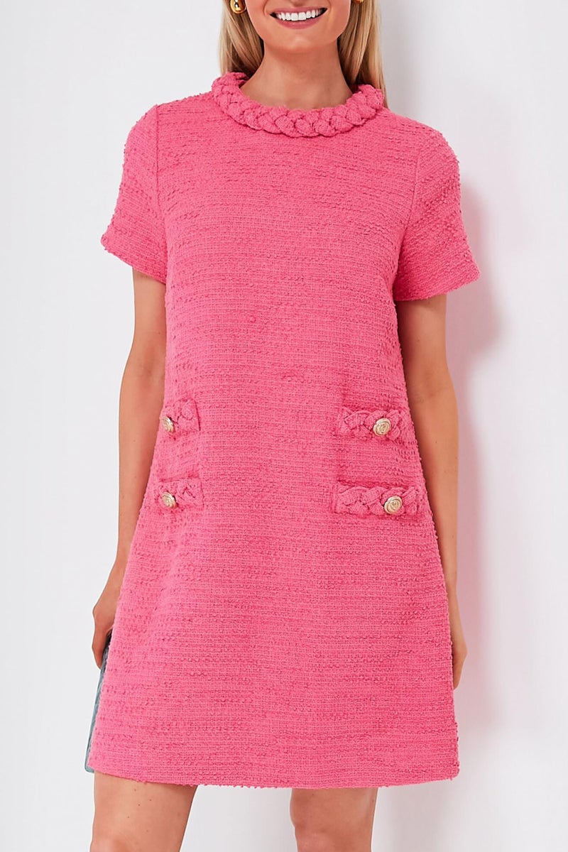 Ladyful Womens Tweed Jackie Dress Short Sleeve Elegant Crew Neck Business Party Vintage Button Bodycon Mini Jackie Dress Rose - Image 4