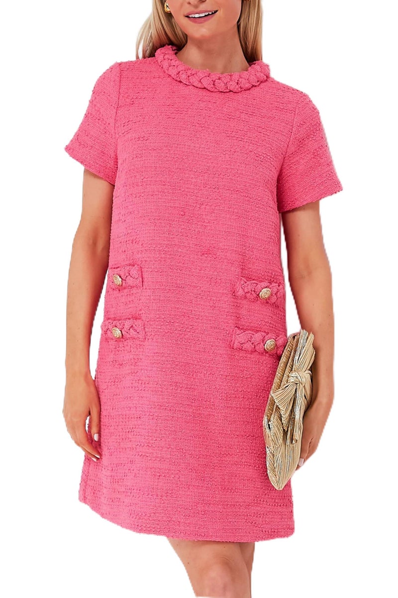 Ladyful Womens Tweed Jackie Dress Short Sleeve Elegant Crew Neck Business Party Vintage Button Bodycon Mini Jackie Dress Rose - Image 1