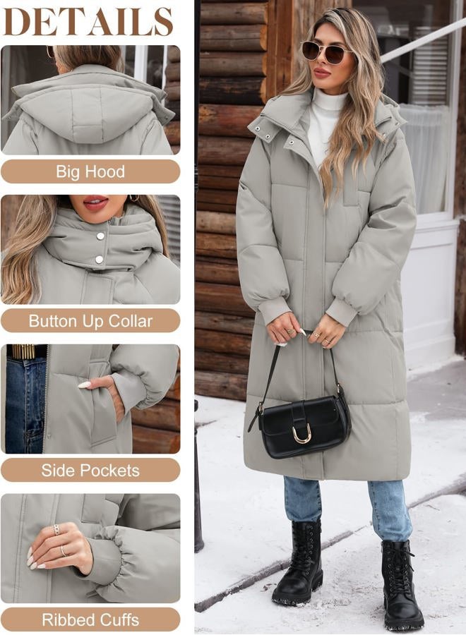 Uikue Women's Long Puffer Coat - Warm Winter Quilted Jacket Full Length Zip Up Down Coat Thickened Puffy Parka with Hood, Light Gray, XL - Image 3