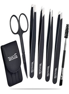 TsMADDTs Tweezers Set And Curved Scissors, Professional Stainless Steel Tweezers For Women And Men, 6 Pack Precision Tweezers For Eyebrows For Ingrown Hair, Plucking Daily Beauty Tool With Leather Travel Case  - Image 1