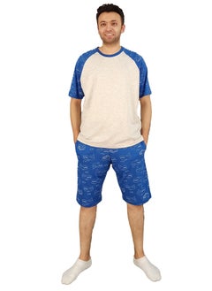 Jet Men Summer Pajama Set Plan Top &Printed Short-Blue*Beige  - Image 1