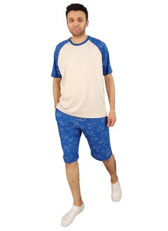 Jet Men Summer Pajama Set Plan Top &Printed Short-Blue*Beige  - Image 2