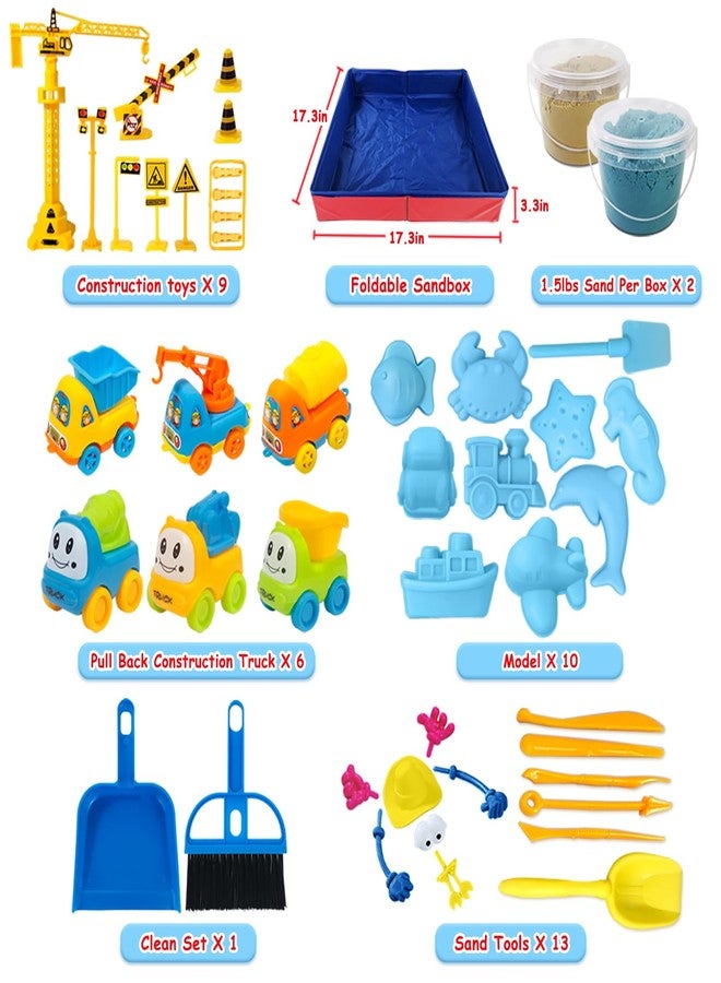 ESSENSON Play Construction Sand Kit - 3lbs Sand with 2 Colors, 6 Mini Construction Trucks, Construction Toys and Signs, Animal Mold, Modeling Tools, Foldable Sandbox, Gifts for Boys Girls - Image 2