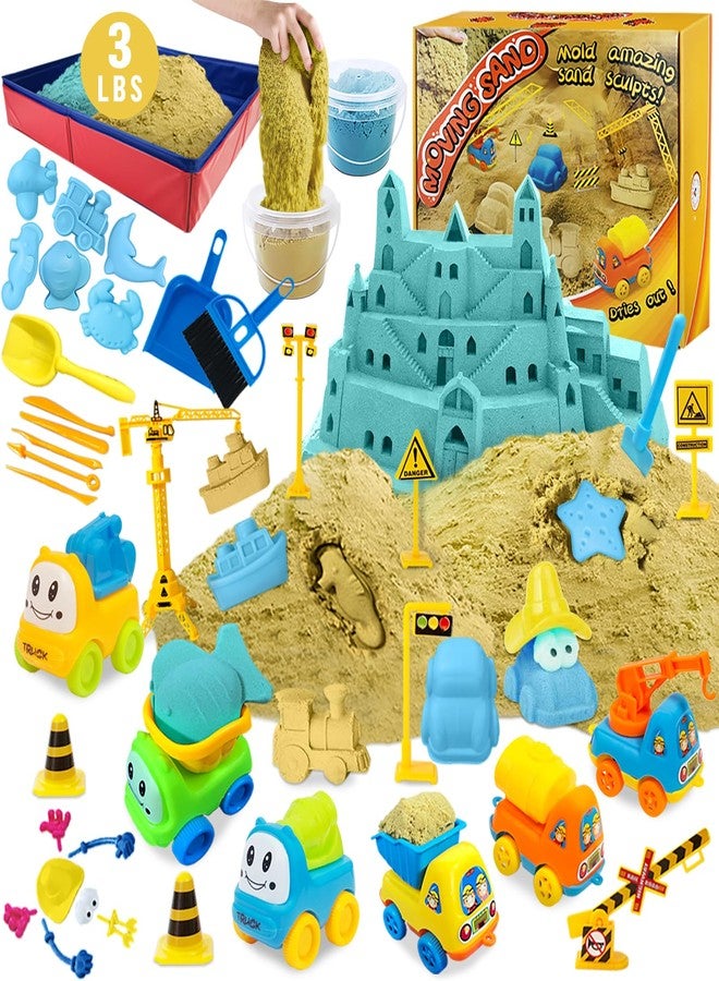 ESSENSON Play Construction Sand Kit - 3lbs Sand with 2 Colors, 6 Mini Construction Trucks, Construction Toys and Signs, Animal Mold, Modeling Tools, Foldable Sandbox, Gifts for Boys Girls - Image 1