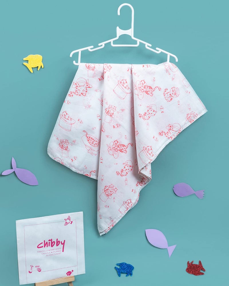 Chibby Swaddle - Swaddles for new born baby, 100% Cotton, ultra soft, multipurpose, comfortable swaddle-wrapper - Cat Print (Pink) - Image 1