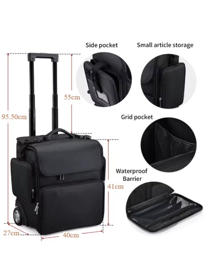 BLC Professional Rolling Makeup Trolley with Multiple Compartments, Hairdresser Large Capacity Portable Cosmetic Storage Nail Bags Cosmetology, Black - Image 2