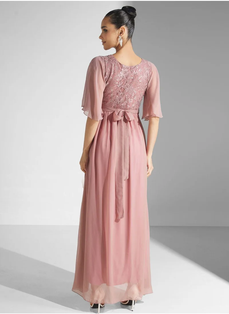 Golden Apple Flared Sleeve Belted Dress