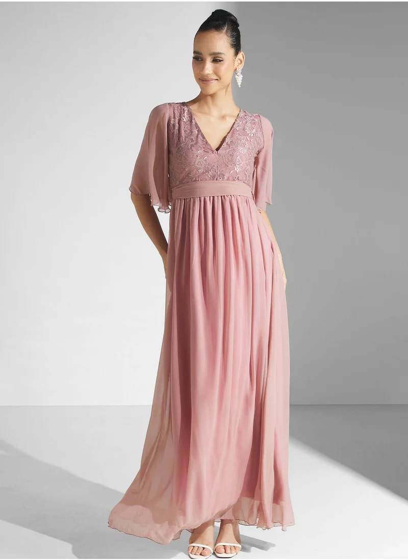 Golden Apple Flared Sleeve Belted Dress
