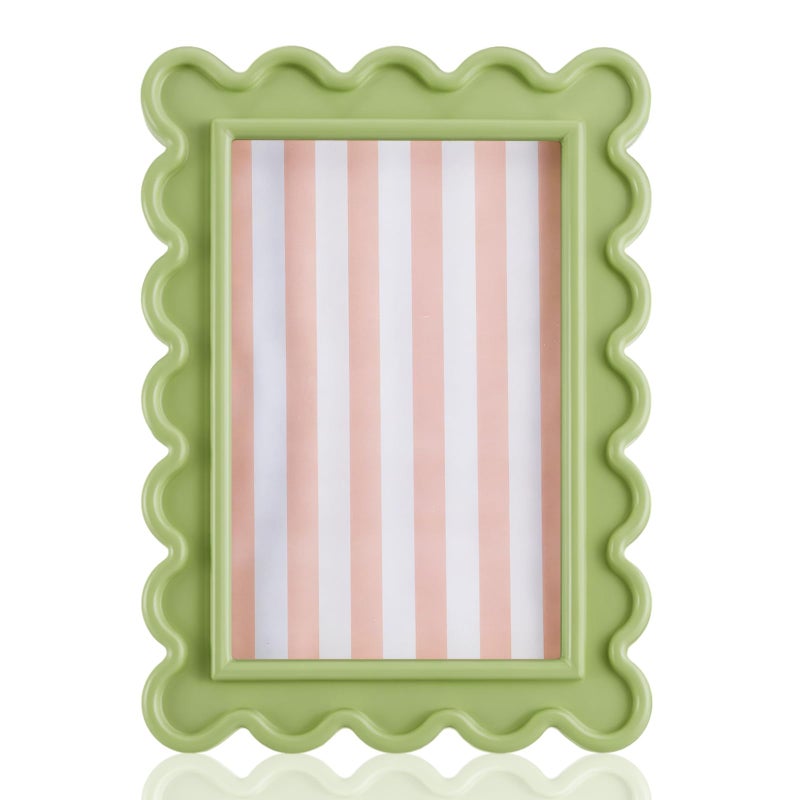 AceOrbit 4x6 Inches Light Green Flower Wavy Scalloped Picture Frame Cute Wavy Edge Wooden Real Glass Photo Frame for Desktop Display Home Decor Family Friends Wedding Graduation Gifts - Image 1