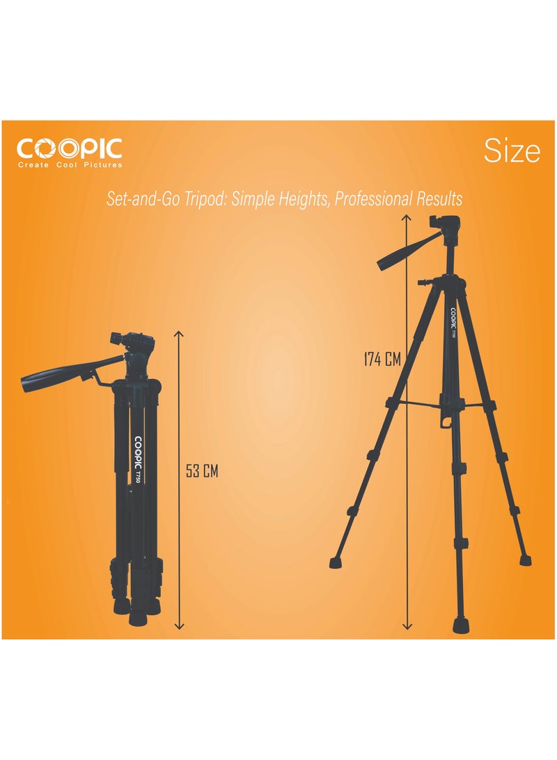 COOPIC T750 Professional Camera & Mobile Tripod 174cm/ 5.7"/ 68.5inch Adjustable Lightweight w/Mobile Holder for DSLR Mirrorless and Smartphone Ideal for Travel Landscape & Portrait Photography - Image 3