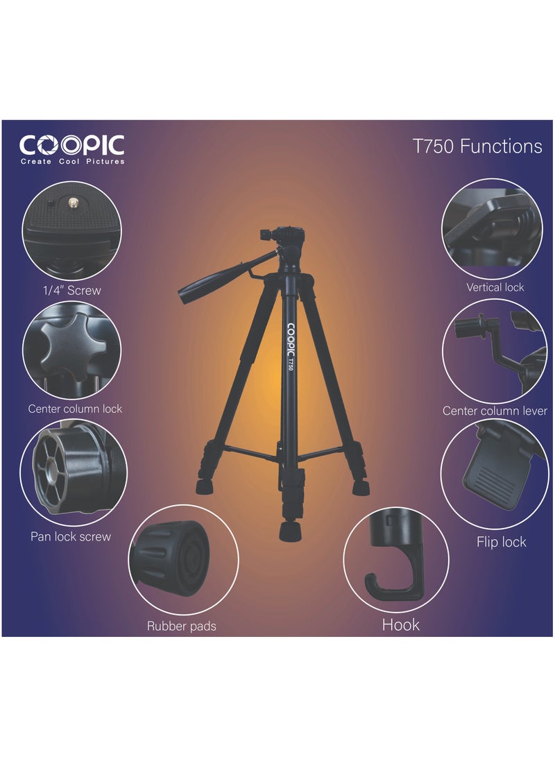 COOPIC T750 Professional Camera & Mobile Tripod 174cm/ 5.7"/ 68.5inch Adjustable Lightweight w/Mobile Holder for DSLR Mirrorless and Smartphone Ideal for Travel Landscape & Portrait Photography - Image 4