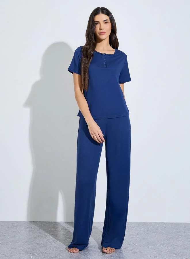 ستايلي Navy Blue Henley T-Shirt and Straight Pajama Set