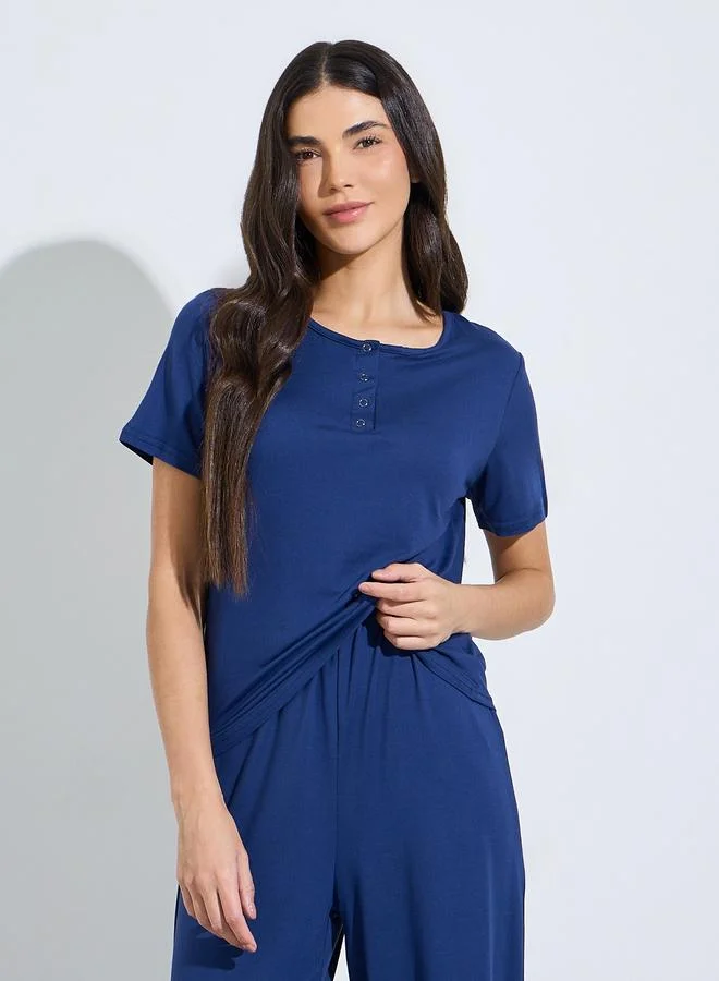 ستايلي Navy Blue Henley T-Shirt and Straight Pajama Set