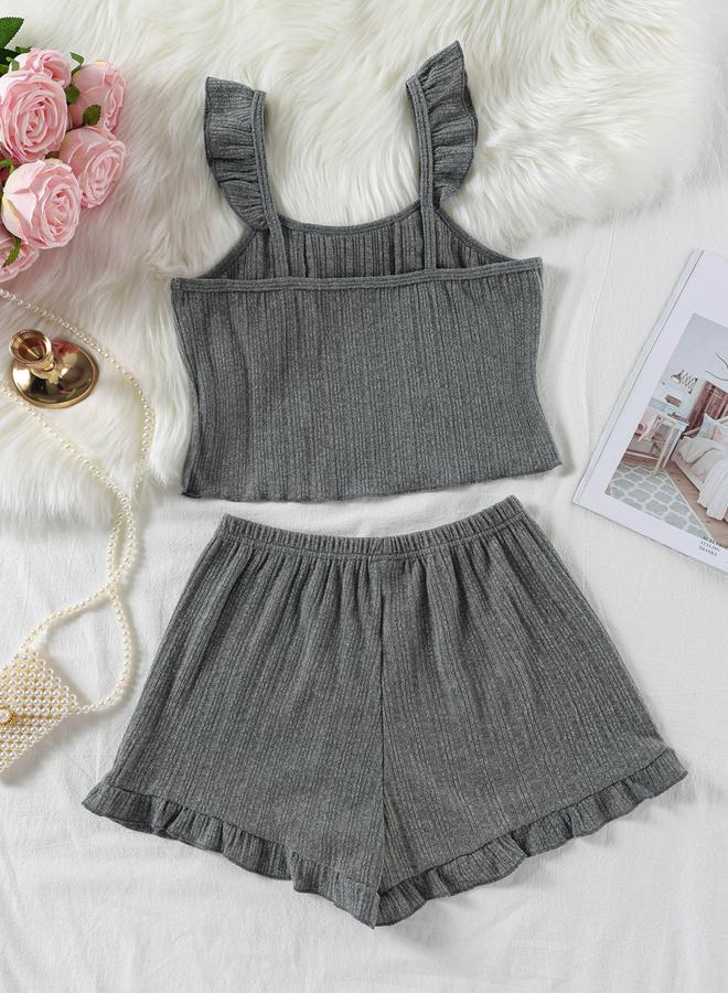 Take Two Charcoal Textured Ruffle Cami and Shorts Set - Image 2
