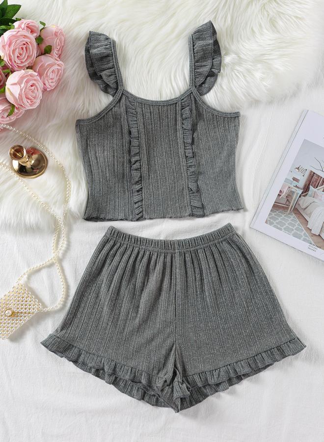 Take Two Charcoal Textured Ruffle Cami and Shorts Set - Image 1