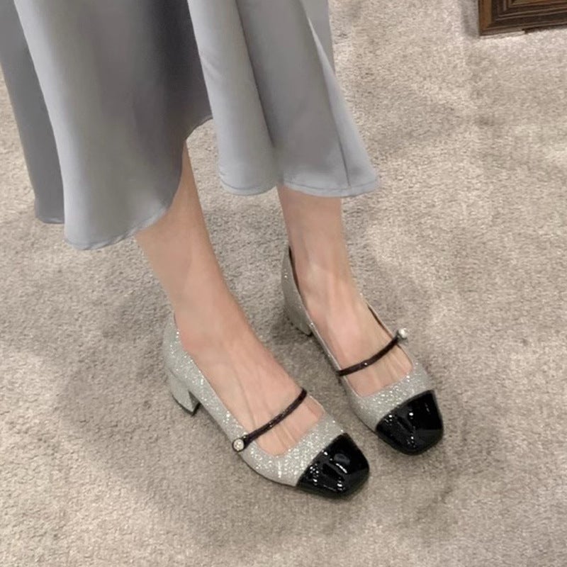 [Grape Mother Same Style] Sparkling Sequins Banquet Small Fragrance Square Head With Thick Heel Mary Jane Single Shoes For Women - Image 4