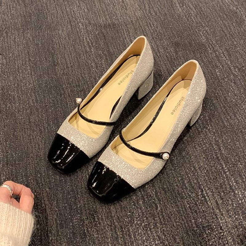 [Grape Mother Same Style] Sparkling Sequins Banquet Small Fragrance Square Head With Thick Heel Mary Jane Single Shoes For Women - Image 2