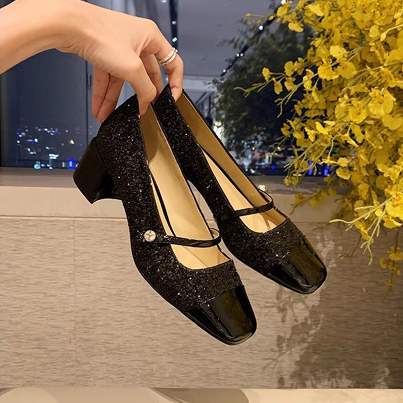 [Grape Mother Same Style] Sparkling Sequins Banquet Small Fragrance Square Head With Thick Heel Mary Jane Single Shoes For Women - Image 3