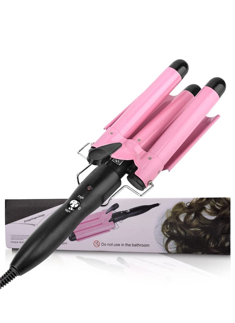 Generic 3 Barrel Curling Iron,1 inch Triple Three Barrel Hair Waver Mermaid Beach Waves Curling Wand Ceramic Tourmaline Temperature Adjustable Curler Irons,Hair Crimper Fast Heating Curling Wand (Pink)  - Image 1