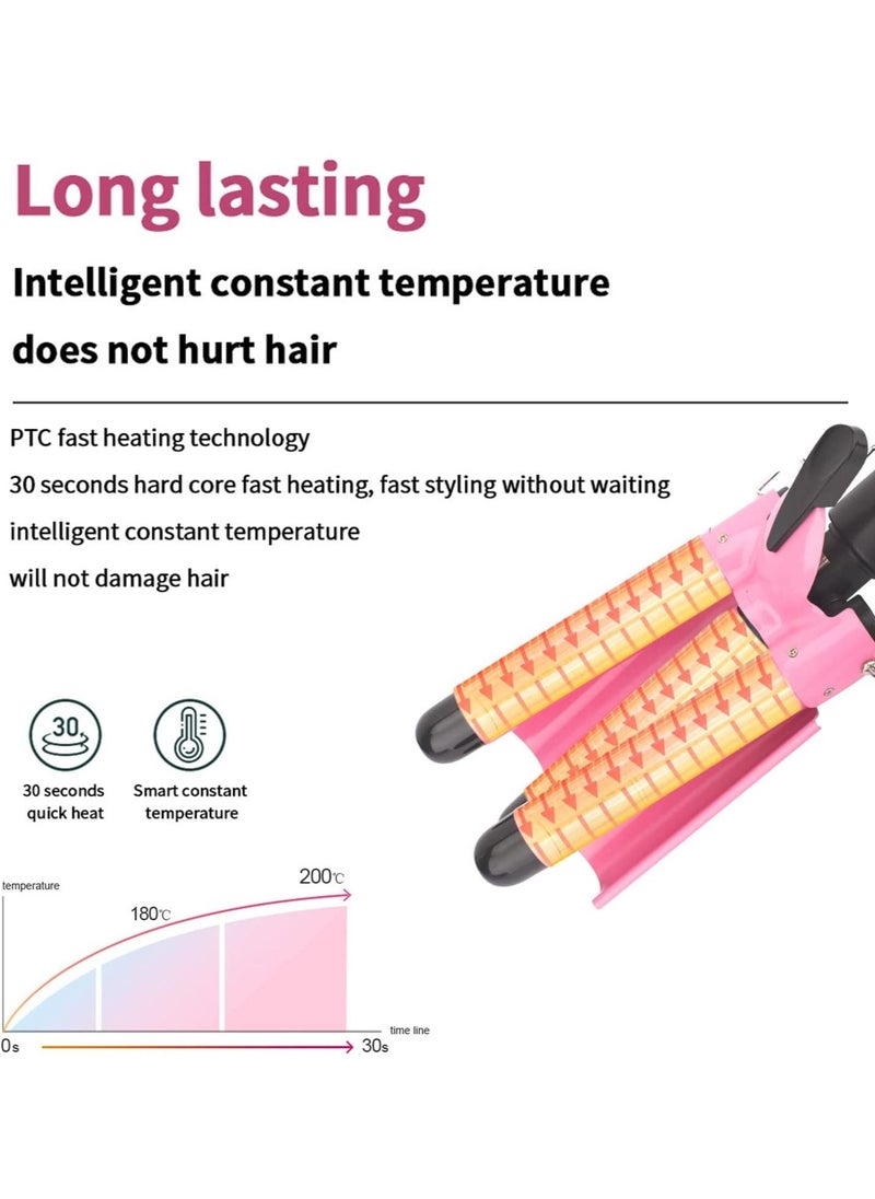 Generic 3 Barrel Curling Iron,1 inch Triple Three Barrel Hair Waver Mermaid Beach Waves Curling Wand Ceramic Tourmaline Temperature Adjustable Curler Irons,Hair Crimper Fast Heating Curling Wand (Pink)  - Image 4