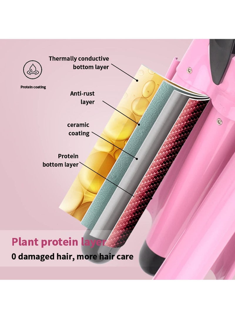 Generic 3 Barrel Curling Iron,1 inch Triple Three Barrel Hair Waver Mermaid Beach Waves Curling Wand Ceramic Tourmaline Temperature Adjustable Curler Irons,Hair Crimper Fast Heating Curling Wand (Pink)  - Image 2