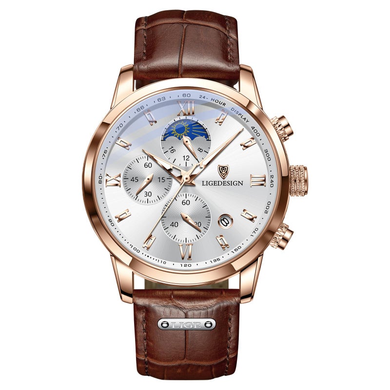 LIGE Chronograph Watch for Men Wrist Leather Analog Dress Waterproof Vintage Work Casual Unique Retro Quartz Date Moon Phase Display Luminous 3ATM Water Resistant Mens WatchesRose Gold White - Image 2