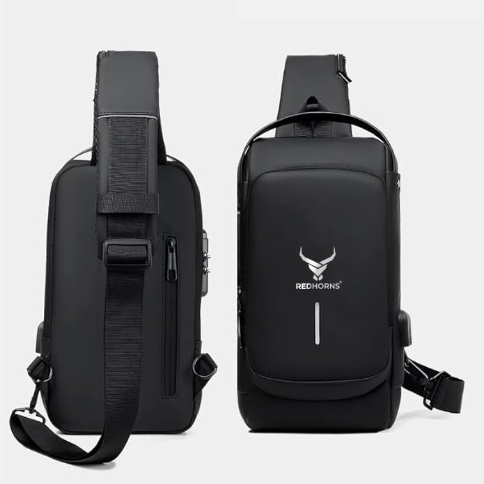 REDHORNS Waterproof Crossbody Chest Bag for Men & Women with USB Charging Port Unisex Design Anti-Theft Zipper Password Lock Shoulder Bag, Sling Bag for Travel (Black) - Image 4
