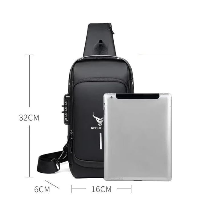 REDHORNS Waterproof Crossbody Chest Bag for Men & Women with USB Charging Port Unisex Design Anti-Theft Zipper Password Lock Shoulder Bag, Sling Bag for Travel (Black) - Image 3