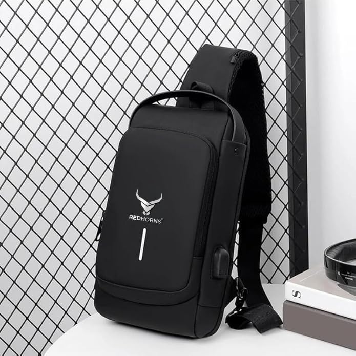 REDHORNS Waterproof Crossbody Chest Bag for Men & Women with USB Charging Port Unisex Design Anti-Theft Zipper Password Lock Shoulder Bag, Sling Bag for Travel (Black) - Image 2