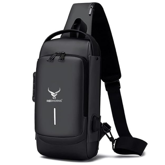REDHORNS Waterproof Crossbody Chest Bag for Men & Women with USB Charging Port Unisex Design Anti-Theft Zipper Password Lock Shoulder Bag, Sling Bag for Travel (Black) - Image 1