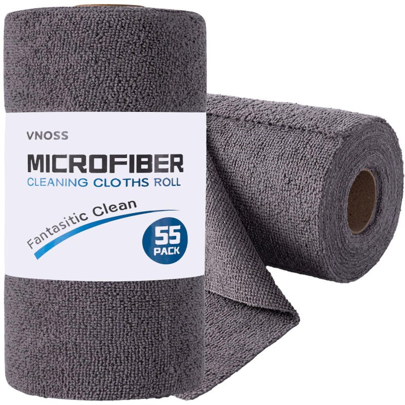 Vnoss 55 Pack Microfiber Cleaning Cloth Roll, Tear Away Reusable Towels, 11" X 9", Ultra Absorbent & Lint Free Cloth for Cars, Kitchen, Window, Home and Shop, Grey - Image 1
