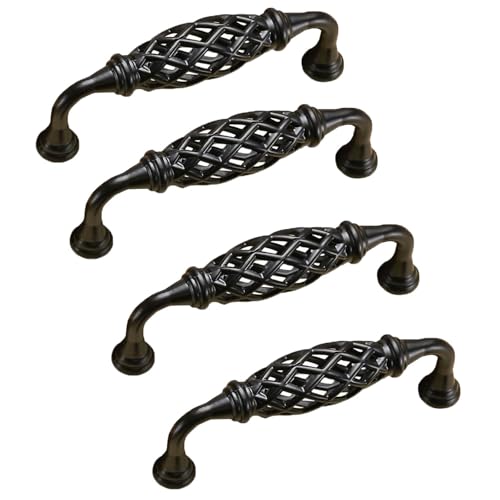 XDHLDULYK 4PCS Birdcage Cabinet Hardware Handle Pull Cast Iron Antique Door Handle Metal Barn Door Handle Center Holes Handle for Kitchen Cupboard Bedroom Wardrobe Bathroom Drawer 96Black - Image 1