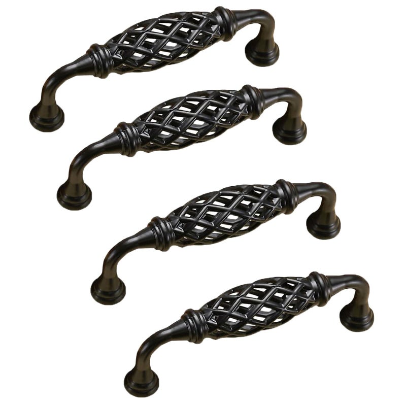 XDHLDULYK 4PCS Birdcage Cabinet Hardware Handle Pull Cast Iron Antique Door Handle Metal Barn Door Handle Center Holes Handle for Kitchen Cupboard Bedroom Wardrobe Bathroom Drawer 96Black - Image 2