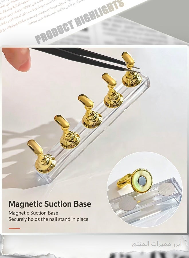 2 Sets Acrylic Nail Practice Stand, 5-Piece Gold False Nail Holder with Crystal Base, Manicure Training Display Holder for Nail Art Painting & Extension - Image 4