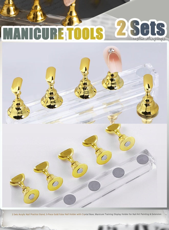 2 Sets Acrylic Nail Practice Stand, 5-Piece Gold False Nail Holder with Crystal Base, Manicure Training Display Holder for Nail Art Painting & Extension - Image 1