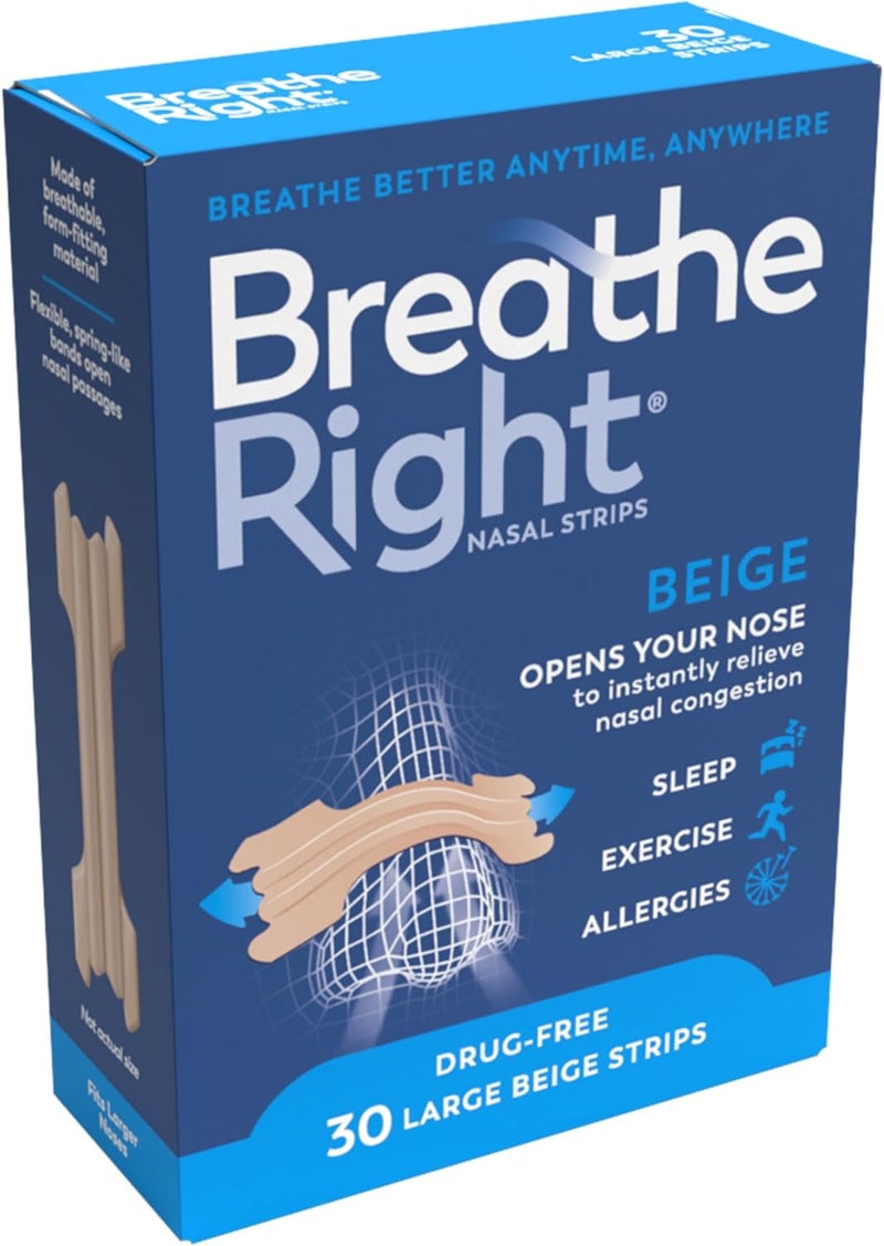 Breathe Right شرائط الأنف الأصلية بيج تان الكبيرة 30 قطعة لتخفيف الشخير - Image 1