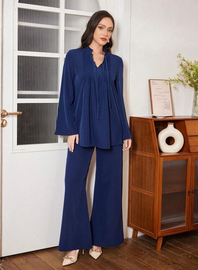 Take Two  Navy Blue Tie-Up Neck Ruffle Top and Wide Leg Pants Co-Ords for Women | Best Price UAE