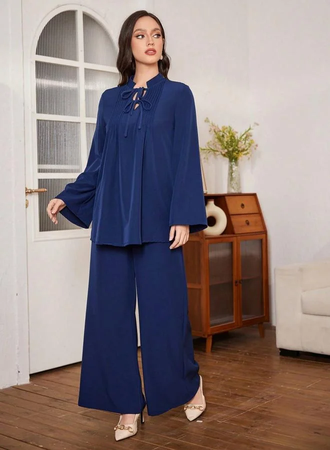 Take Two  Navy Blue Tie-Up Neck Ruffle Top and Wide Leg Pants Co-Ords for Women | Best Price UAE