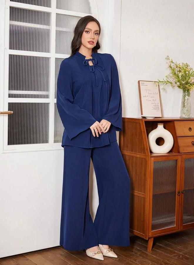 Take Two  Navy Blue Tie-Up Neck Ruffle Top and Wide Leg Pants Co-Ords for Women | Best Price UAE