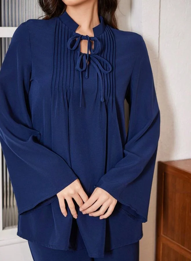 Take Two  Navy Blue Tie-Up Neck Ruffle Top and Wide Leg Pants Co-Ords for Women | Best Price UAE