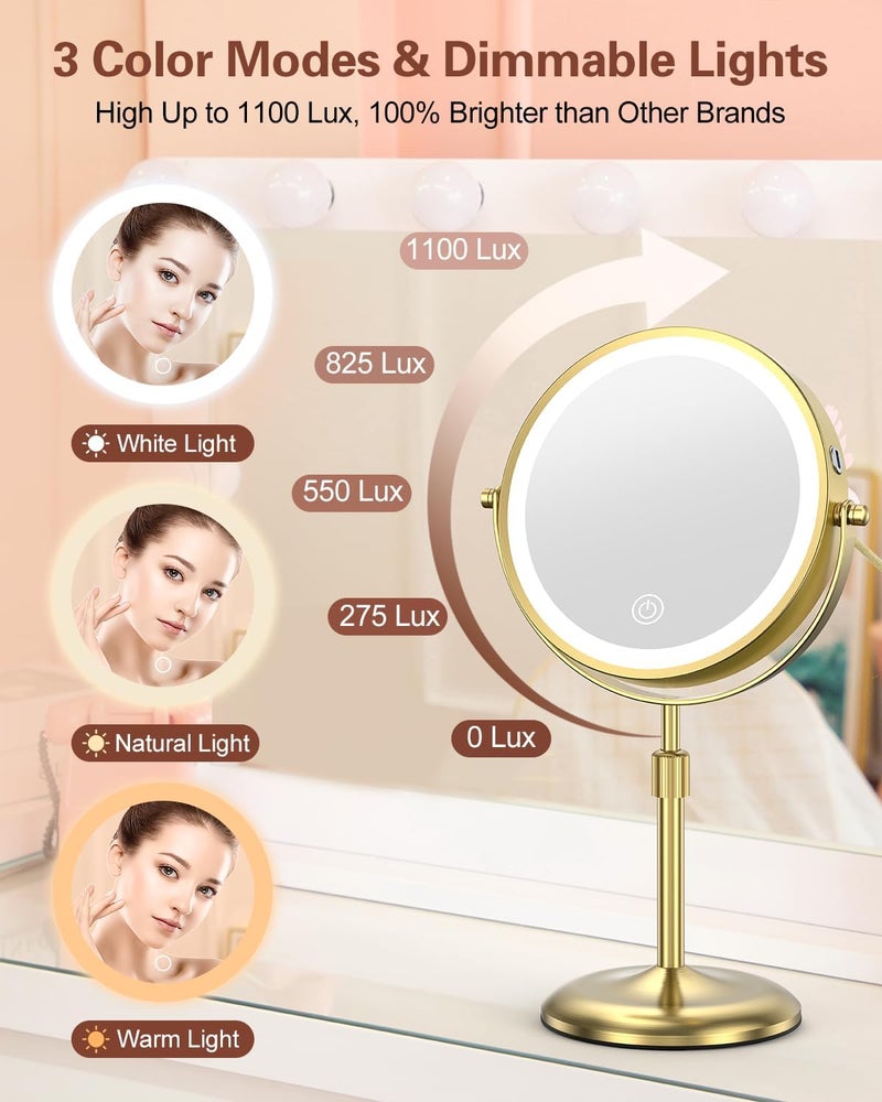 Benbilry Lighted Makeup Mirror with Adjustable Stand, [3 Color Dimmable Lights & 1X/10X Magnification & Type-C Rechargeable] 7" Double Sided Vanity Mirror, 360° Swivel Cordless Standing Mirror Gold - Image 4