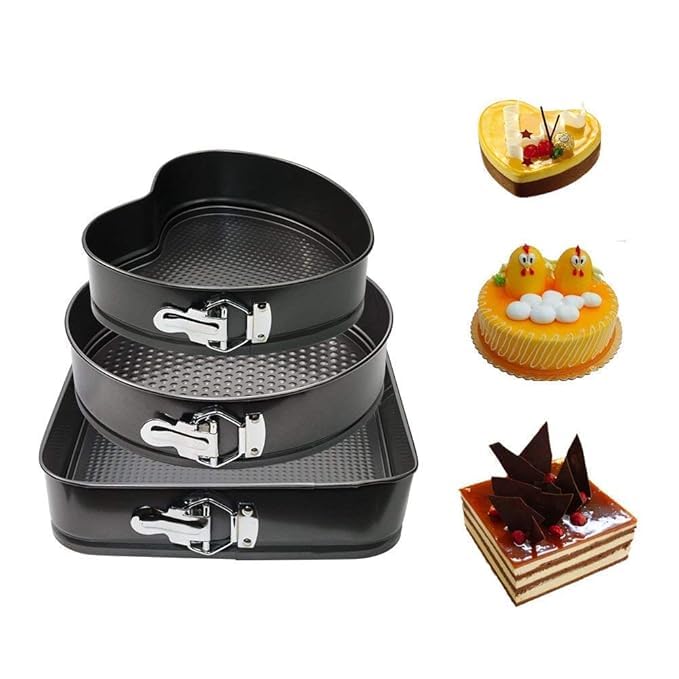 black sparrow Teflon Coated Spring Form Cake Mould Pan Set Heart Round and Square Shape Cake Maker Tin NonStick Cake Baking Tray Removable Cake Base Mould - Image 1