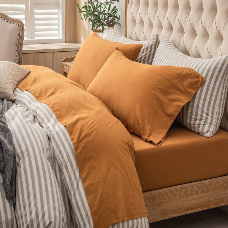 PURE ERA PURE ERA Jersey Knit 4pc Bed Sheet Set 100% T-Shirt Cotton Super Soft Comfy Breathable Fits Mattress Up to 20"" Extra Deep Pocket (Solid Burnt Orange  Queen) 