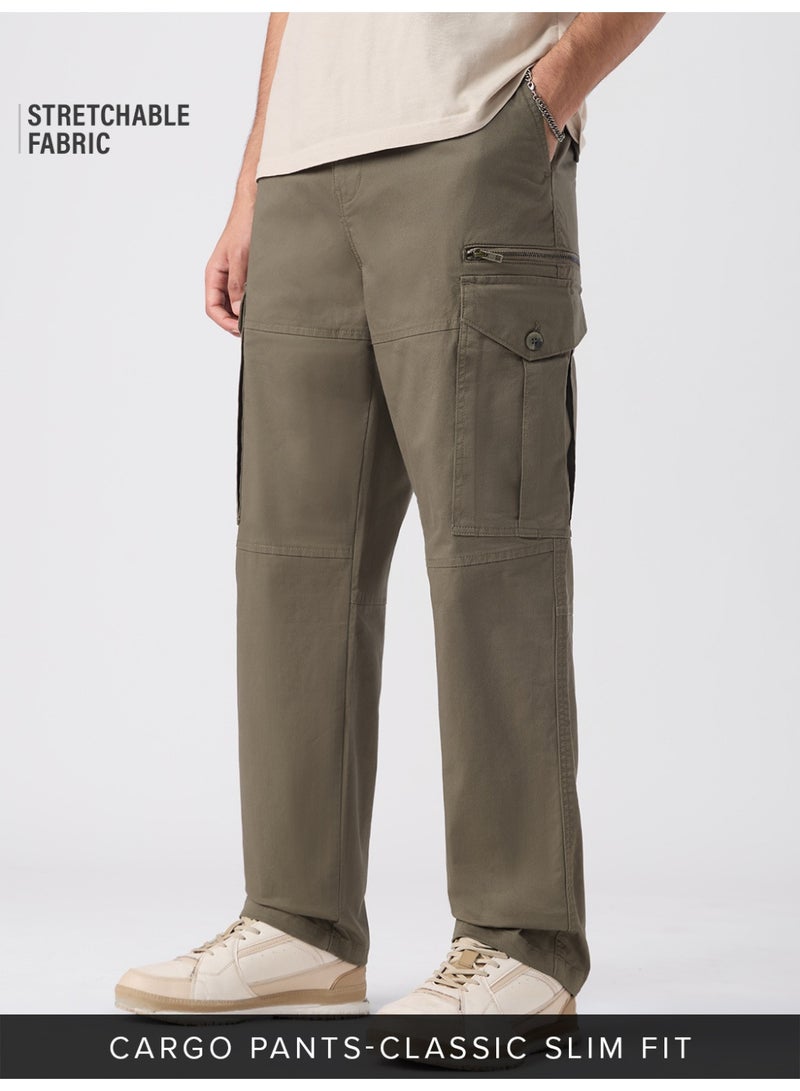 The Souled Store Men Alpine Green Solid Slim Fit Cargo Pants - Image 1
