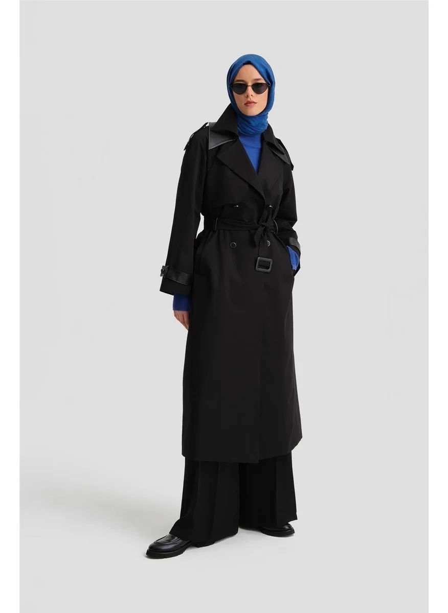 ARMINE Removable Leather Collar Cotton Trench Coat 24K7500 Black