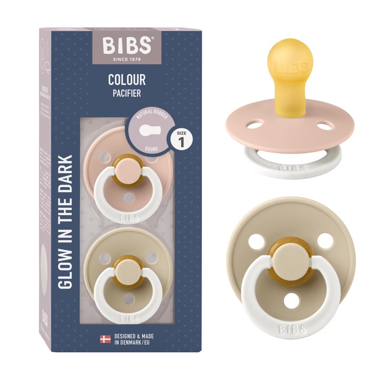 ROSEGIN BIBS Colour Glow Soother 2-Pack, Glow in The Dark BPA Free Dummy Pacifier, Round Nipple. Natural Rubber Latex, Size 1 (0-6 Months), Blush Night/Vanilla Night - Image 1