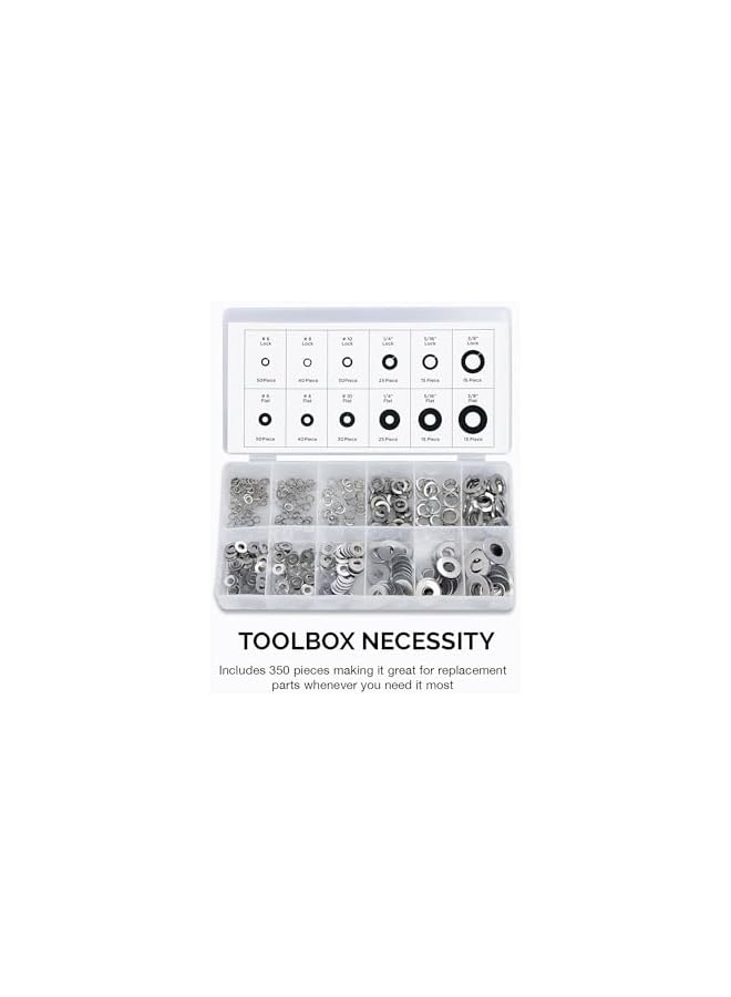 Generic 50400A Stainless Steel Lock and Flat Washer Assortment | 350 Piece Set | 12 Different Sizes in Spring Lock and Flat Design | Prevent Loose Fasteners - Image 5
