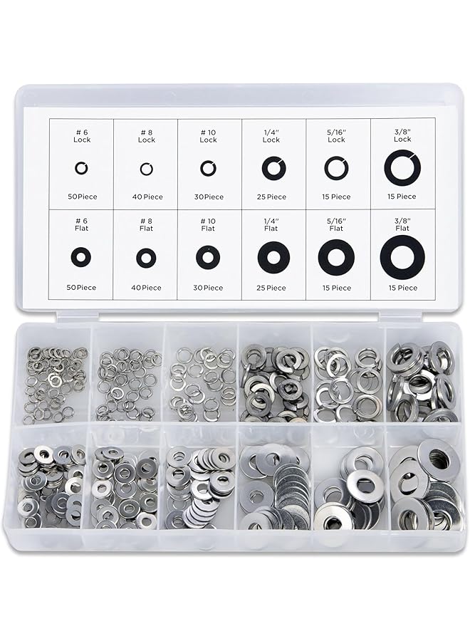 Generic 50400A Stainless Steel Lock and Flat Washer Assortment | 350 Piece Set | 12 Different Sizes in Spring Lock and Flat Design | Prevent Loose Fasteners - Image 1